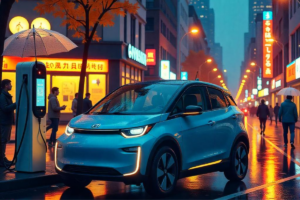 Ilustração de carros elétricos em uma cidade inteligente, com elementos de conectividade e sustentabilidade.