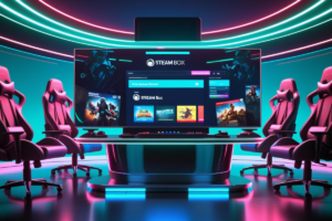 Ambiente gamer futurista com console conectado a uma interface Steam em tela grande, luzes de LED e elementos tecnológicos modernos.
