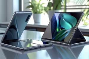 Galaxy Z Fold 6 e Z Flip 6 sobre mesa com telas abertas e design moderno
