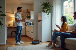 Pessoas usando inteligência artificial em uma casa moderna no Brasil em 2025