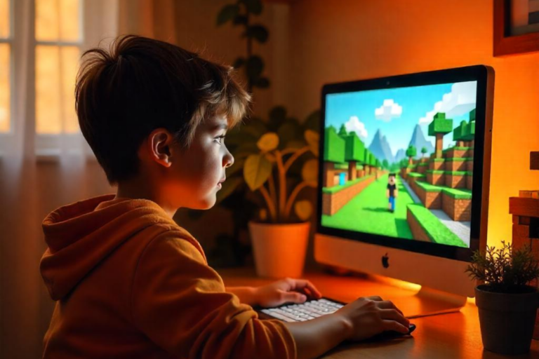 Jovem jogando Minecraft em 2025 em um quarto moderno com decoração temática