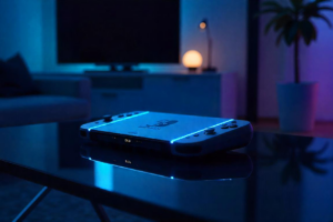 Novo Nintendo Switch 2 exibido em ambiente escuro com dock iluminado, destacando tela de alta resolução e acabamento premium.