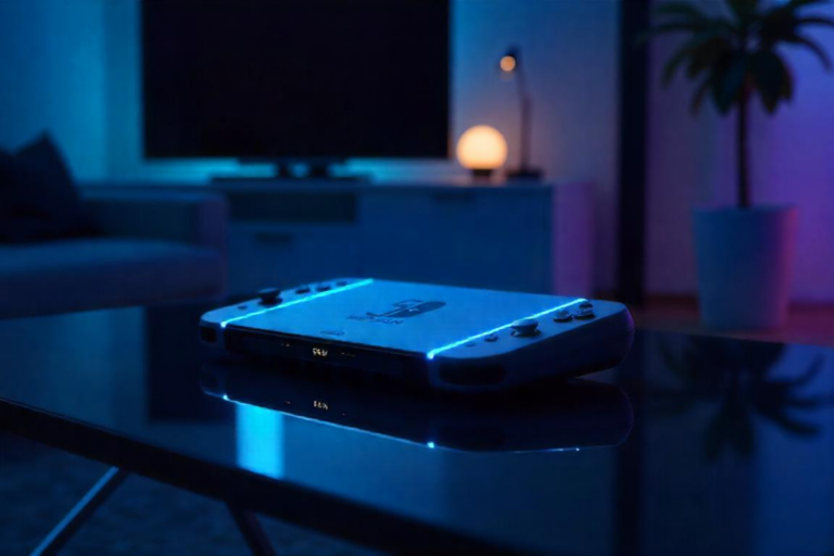 Novo Nintendo Switch 2 exibido em ambiente escuro com dock iluminado, destacando tela de alta resolução e acabamento premium.