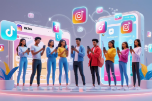 Usuários comprando produtos diretamente pelo celular em apps como Instagram e TikTok
