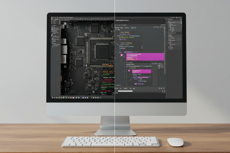 Imagem mostrando a diferença entre hardware e software com componentes físicos de computador ao lado de ícones e códigos digitais representando o software.