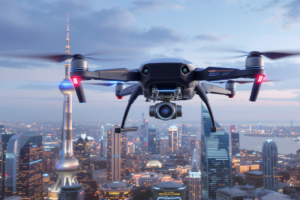 Drone profissional sobrevoando cidade futurista em 2025
