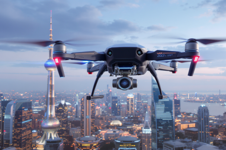 Drone profissional sobrevoando cidade futurista em 2025