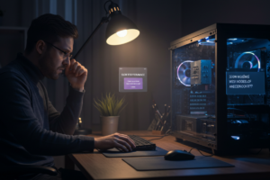 Homem frustrado diante de um computador lento devido à escolha errada de componentes, com a CPU aberta mostrando peças incompatíveis.