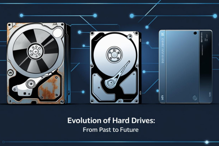 Evolução dos HDs mostrando um disco rígido antigo, um HD moderno e um SSD ultrafino sobre fundo tecnológico azul escuro