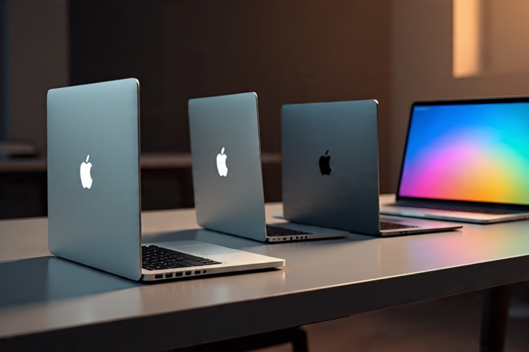 Linha do tempo com modelos de MacBook de 2006 a 2025 sobre uma mesa de trabalho moderna