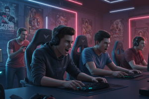 Gamers jogando os lançamentos mais aguardados de 2025 em um ambiente futurista com PCs e consoles de última geração.