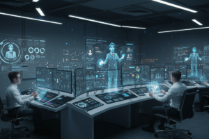 Agentes digitais representando Manus AI trabalhando autonomamente em ambiente futurista corporativo.