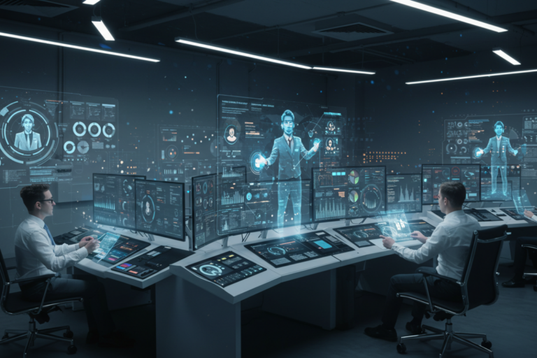Agentes digitais representando Manus AI trabalhando autonomamente em ambiente futurista corporativo.