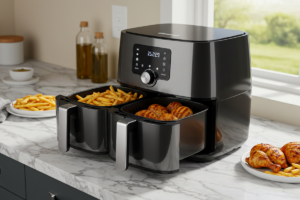Imagem de uma air fryer dupla moderna em uma cozinha organizada, destacando suas duas cestas lado a lado.