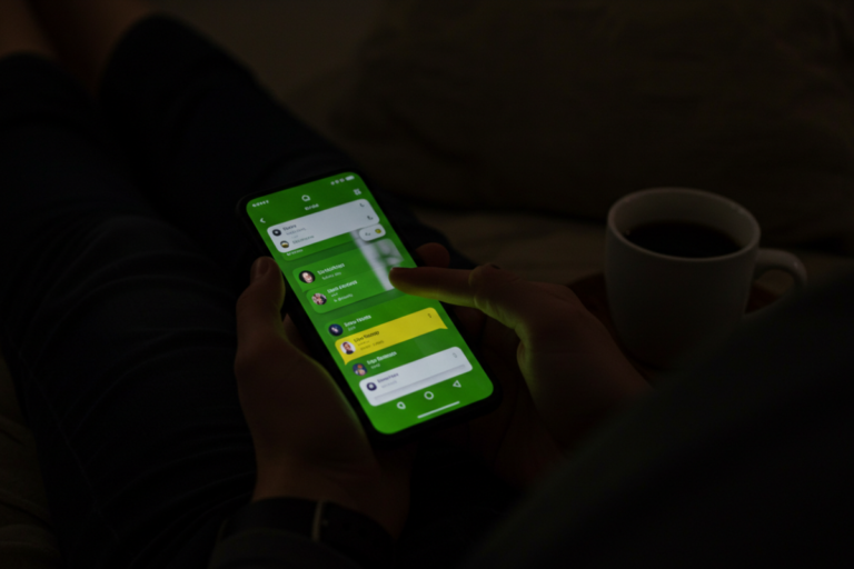 Pessoa usando o modo oculto do WhatsApp em um ambiente escuro