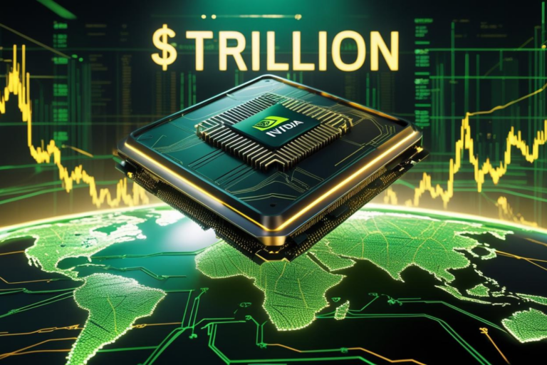 Imagem da Nvidia representando valor de mercado de US$ 4 trilhões com chip flutuante e dados globais