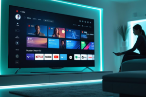Smart TV 2025 displaying apps in a futuristic tech room