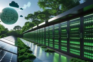 Ilustração de tecnologia sustentável com servidores, painéis solares e nuvem digital verde