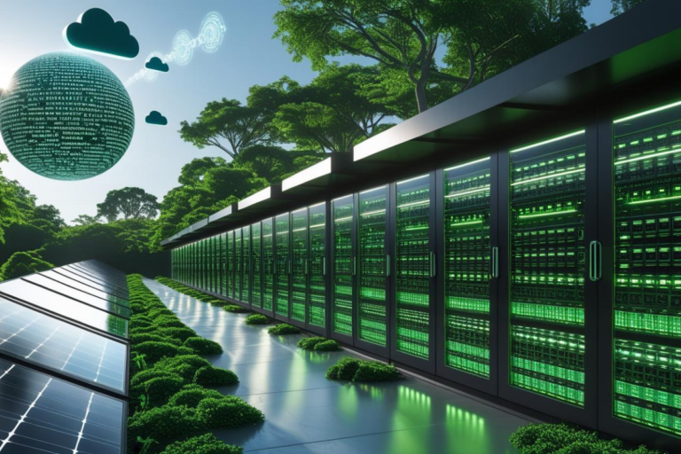Ilustração de tecnologia sustentável com servidores, painéis solares e nuvem digital verde