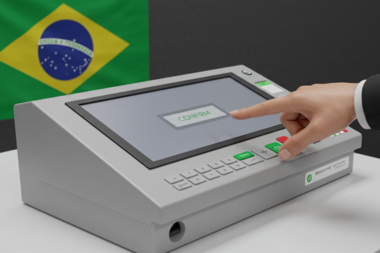 Urnas eletrônicas brasileira sendo utilizada em uma votação, com dedo pressionando o botão verde de confirmação.