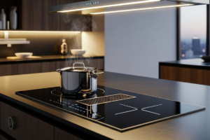 Fogão de indução moderno em uma cozinha minimalista