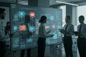 Profissionais usando plataforma de automação visual low-code no-code