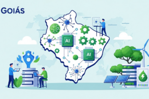 Ilustração moderna representando o pioneirismo de Goiás na regulação da inteligência artificial no Brasil, com elementos de tecnologia e sustentabilidade.
