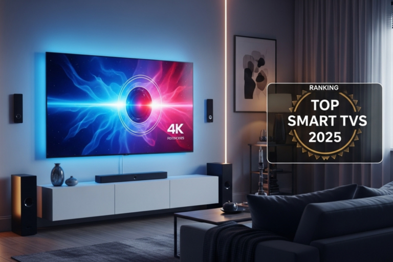 Sala moderna com Smart TV de última geração exibindo imagem em 4K, destacando modelos custo-benefício de 2025.